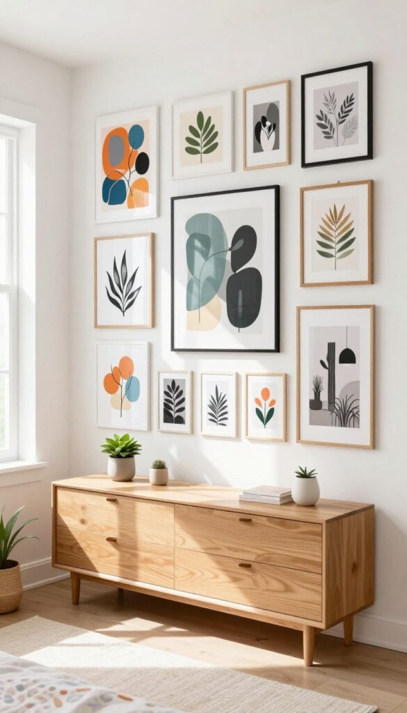 A shared girls bedroom with a gallery wall of personal art in matching white frames above a dresser, bright natural light, cozy and personal atmosphere.