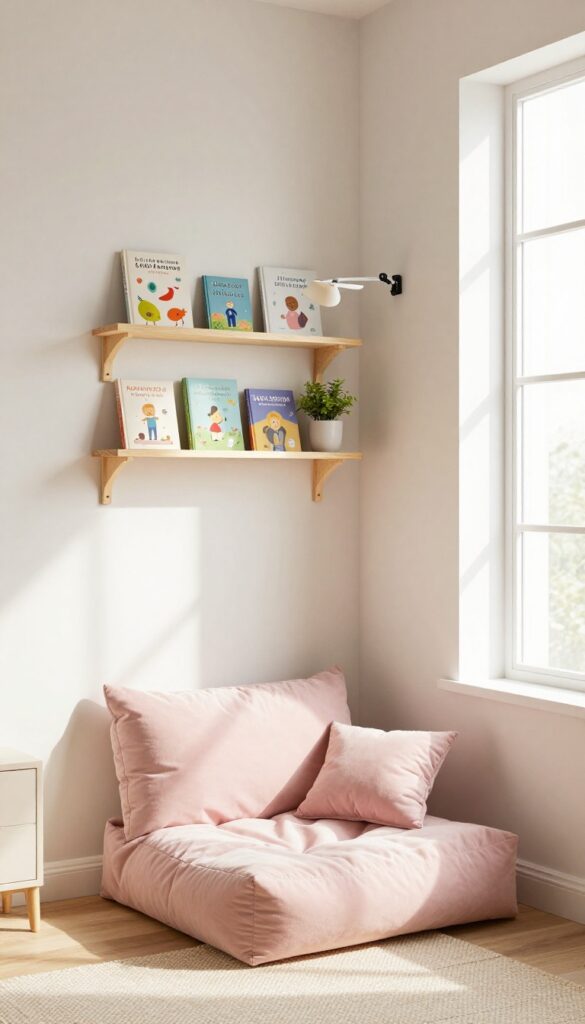 Cozy reading nook in a corner of a kids' bedroom with wall-mounted bookshelves and a plush floor cushion.