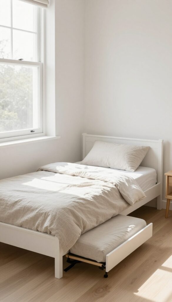 A small guest bedroom with a daybed and pull-out trundle, styled with neutral bedding and natural light.