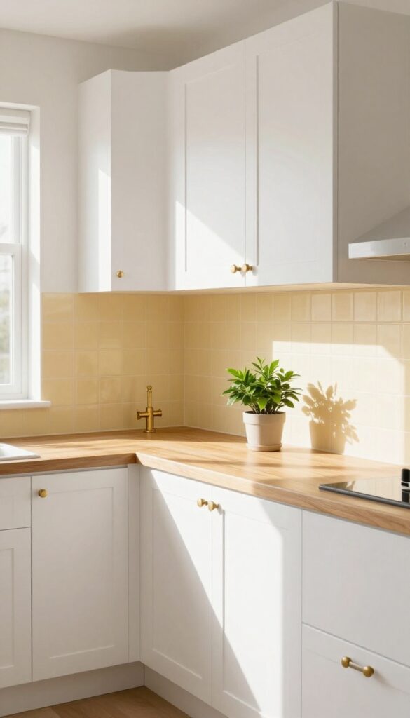 Kitchen with buttery yellow backsplash, white cabinets, and wood countertops