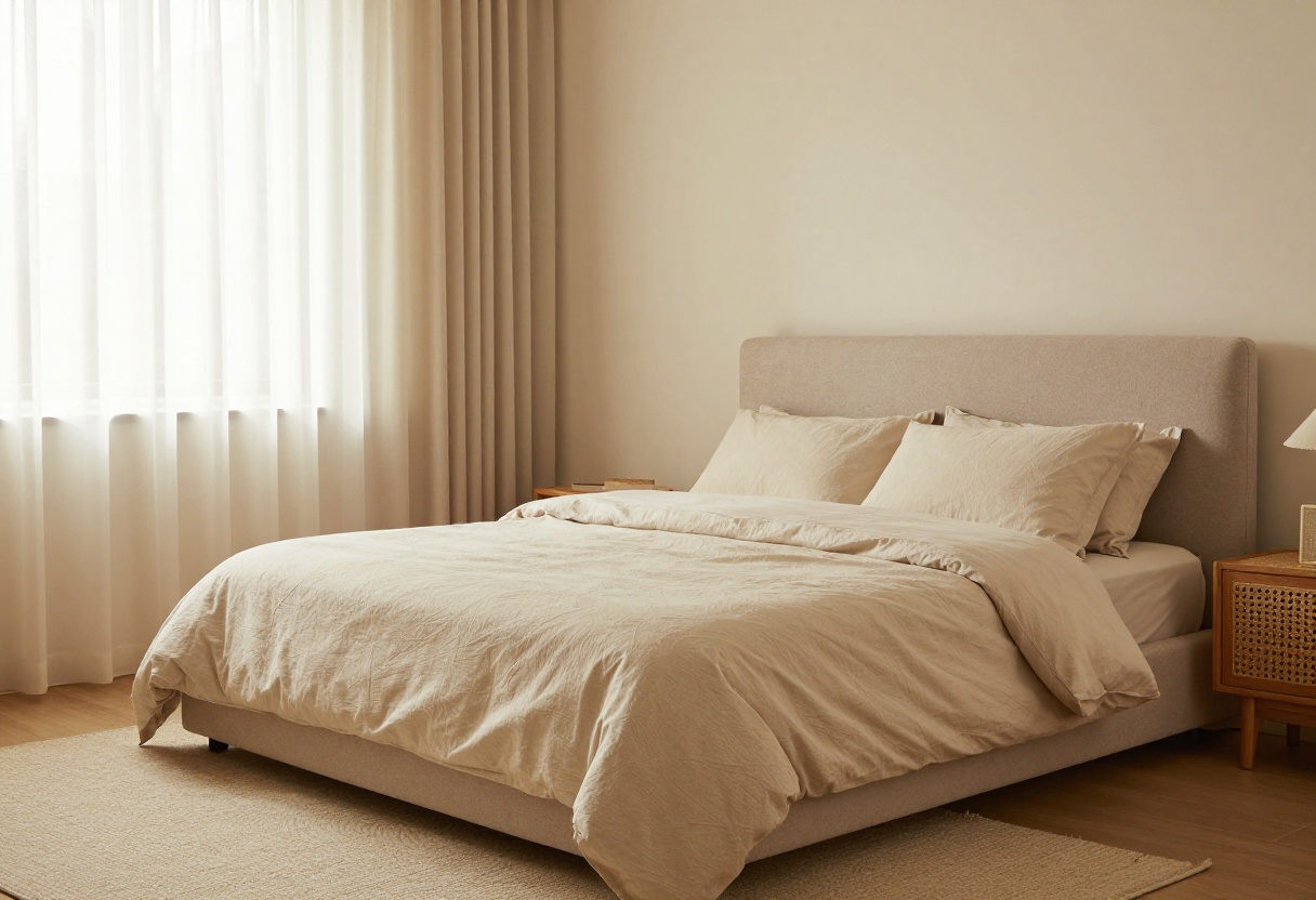 Cozy small bedroom with layered bedding, warm lighting, and natural textures