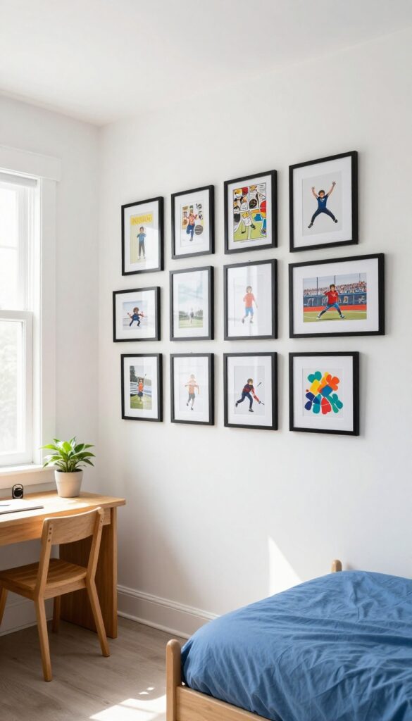 Boy's bedroom with a low-key gallery wall of black frames displaying interchangeable art, natural light, and a clean, organized look.