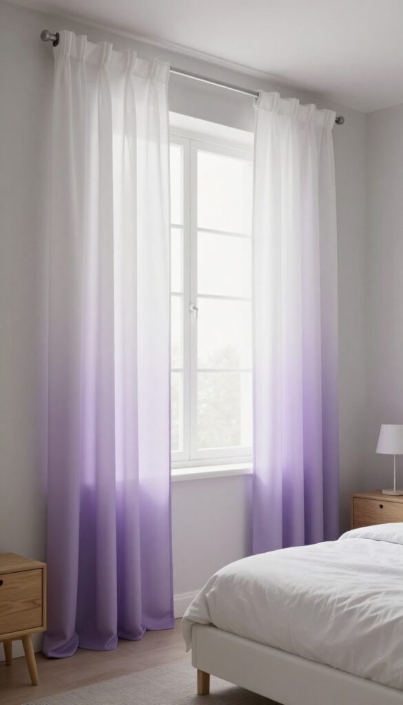 Purple ombre curtains with white sheers in a bright, airy bedroom