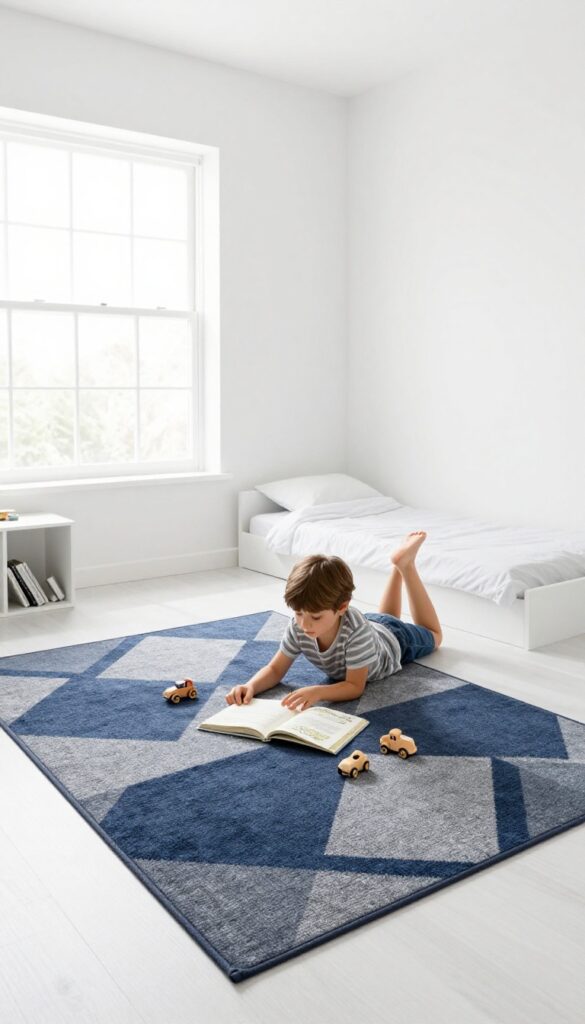 A boy lying on a large geometric rug reading a book in a bright bedroom with play area defined by the rug.