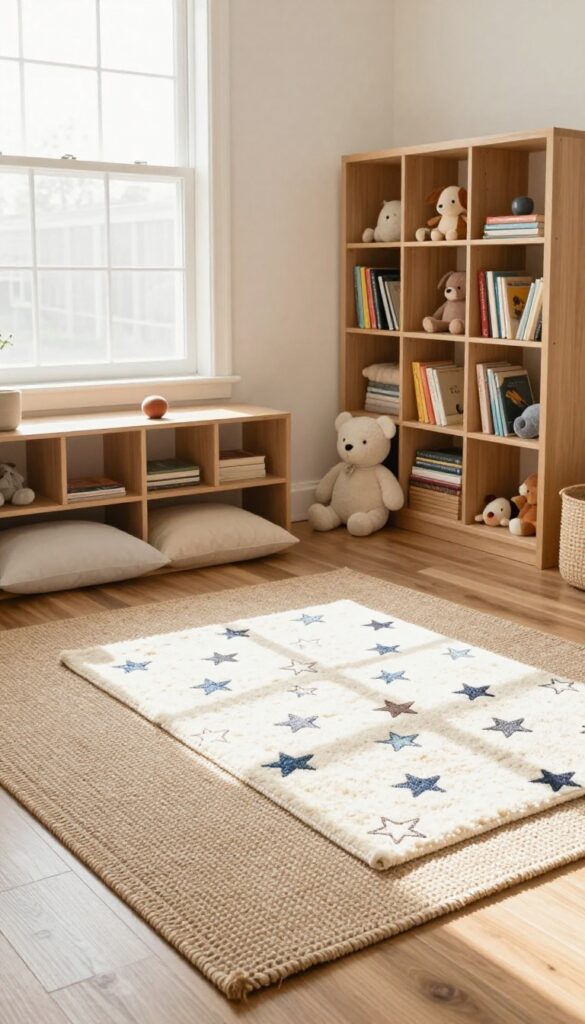 Layered rugs in a cozy kids bedroom with jute base and patterned top rug, natural light, reading nook