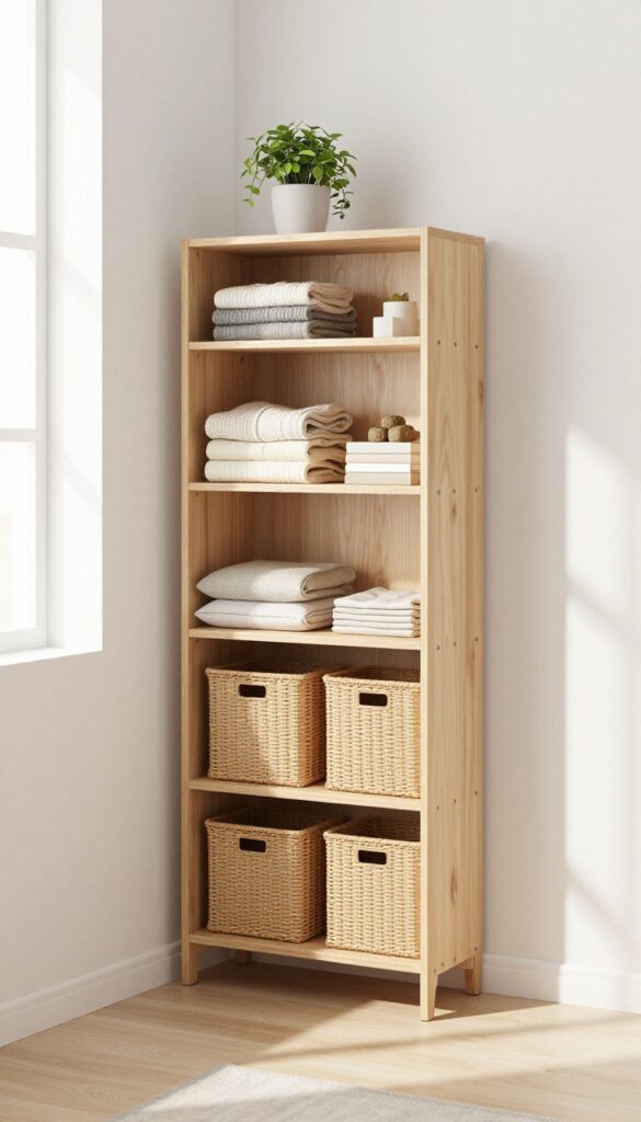Tall narrow corner shelf unit in bright bedroom with baskets and plant
