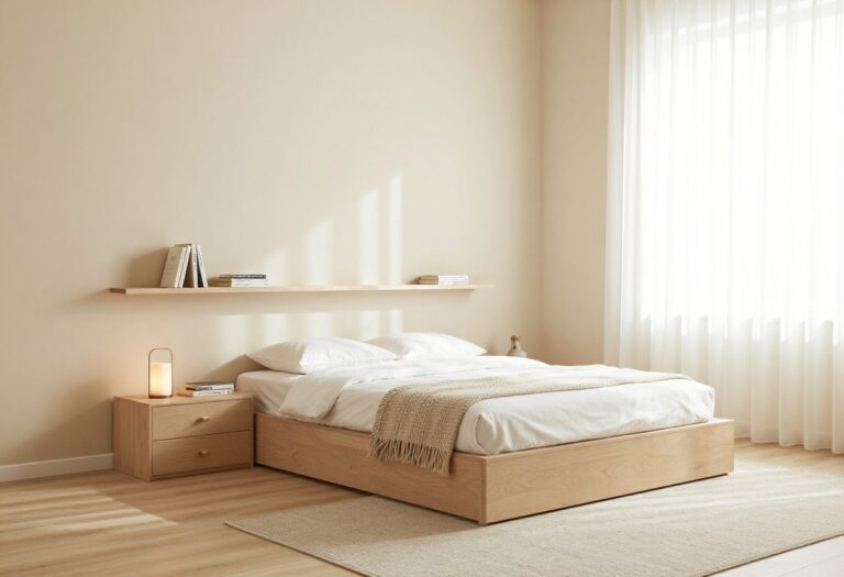 Small double bedroom with platform bed and under-bed storage, floating shelf, and cozy rug
