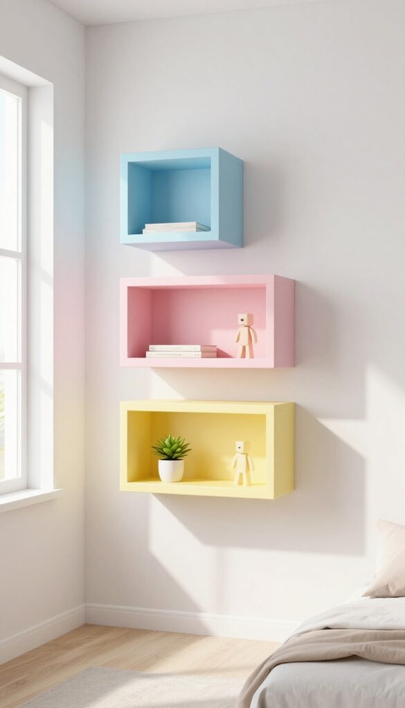 Pastel Minecraft block-shaped floating shelves in a boy's bedroom with books and a plant, soft natural light.