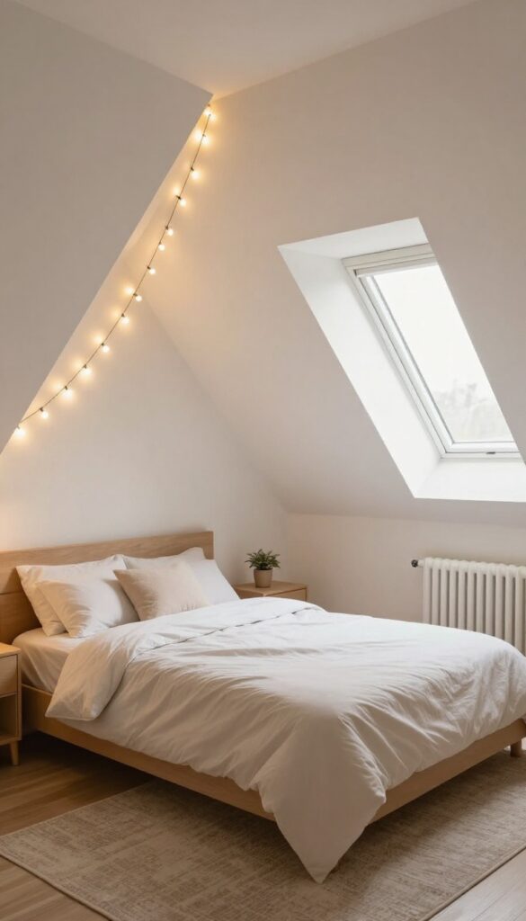 Attic bedroom with string lights draped along sloped ceiling to soften sharp angles