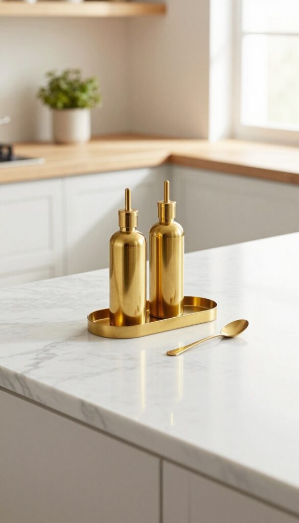 Marble slab tray with brass oil bottles and spoon rest on a kitchen countertop