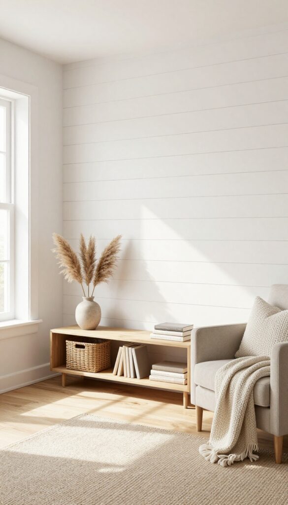 Living room with horizontal shiplap-style plywood wall in soft white, natural wood console table, and cozy armchair