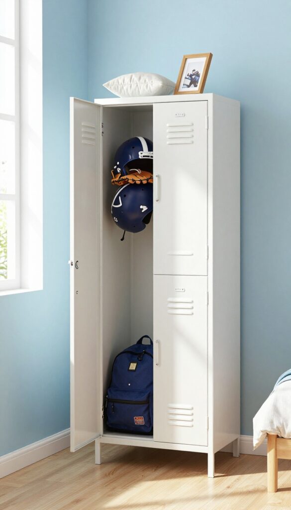 Boy's bedroom with a repurposed white metal locker storing sports gear, a cushion on top, and a framed photo, in bright natural light.
