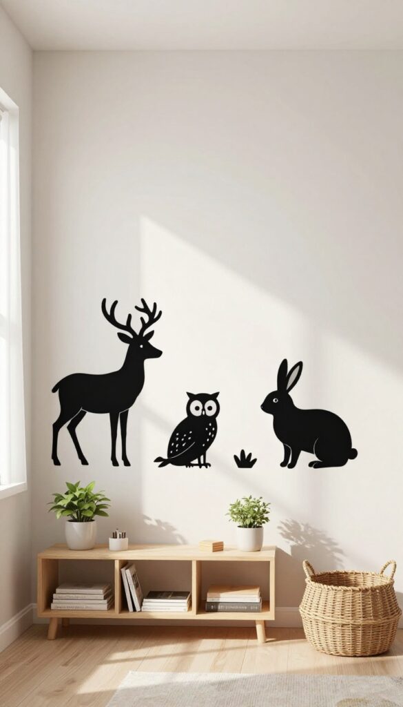 Children's bedroom with animal silhouette wall decals of deer, fox, owl, and rabbit on a neutral wall, with a low bookshelf and woven basket below.