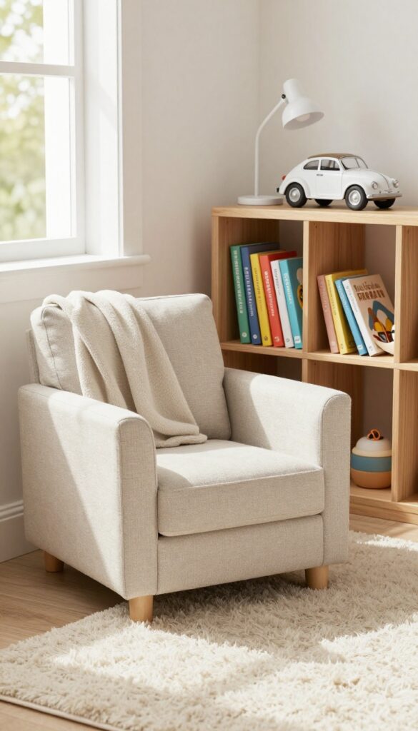 Cozy reading nook in a boy's bedroom with armchair, bookshelf, and natural light
