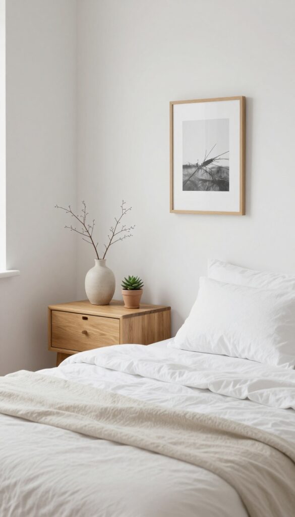 Minimal bedroom with intentional decor: ceramic vase, framed print, and succulent on nightstand, neutral colors, natural light.