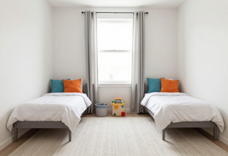 Small shared kids bedroom with twin beds, neutral rug, and curtain divider creating separate sleep and play zones.