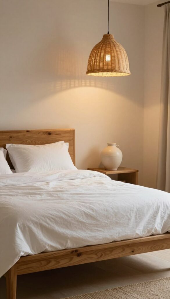 Beach bedroom with warm rattan pendant light and ceramic lamp, soft golden glow, coastal decor