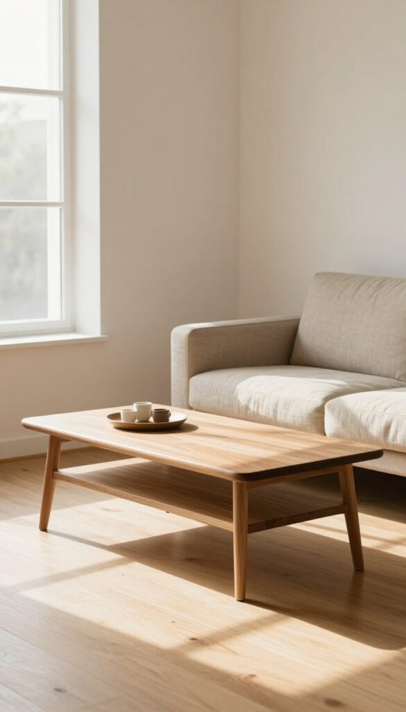 Small apartment living room with multi-functional furniture: walnut nesting coffee table and linen storage ottoman in bright natural light.