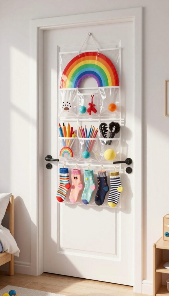 Hanging organizer with clear pockets and rainbow stripes on the back of a door in a bright kids bedroom, filled with colorful items.