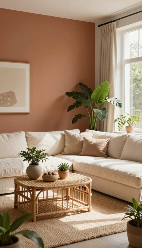 Living room with terracotta accent wall, cream sofa, rattan coffee table, and green plants