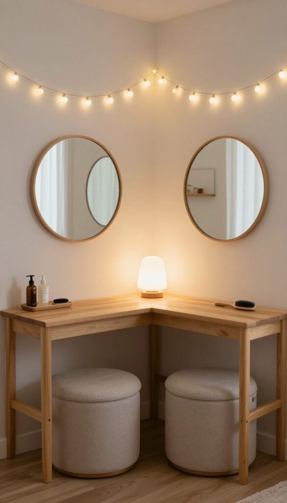 Shared vanity with dual mirrors and stools in a cozy girls' bedroom corner