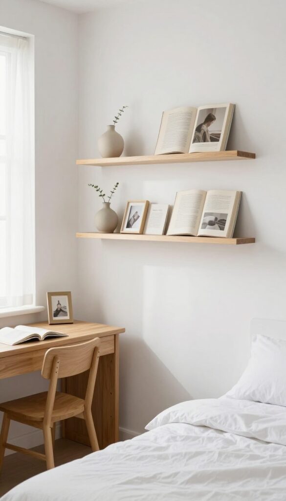 Floating shelves in a light and airy guest bedroom office