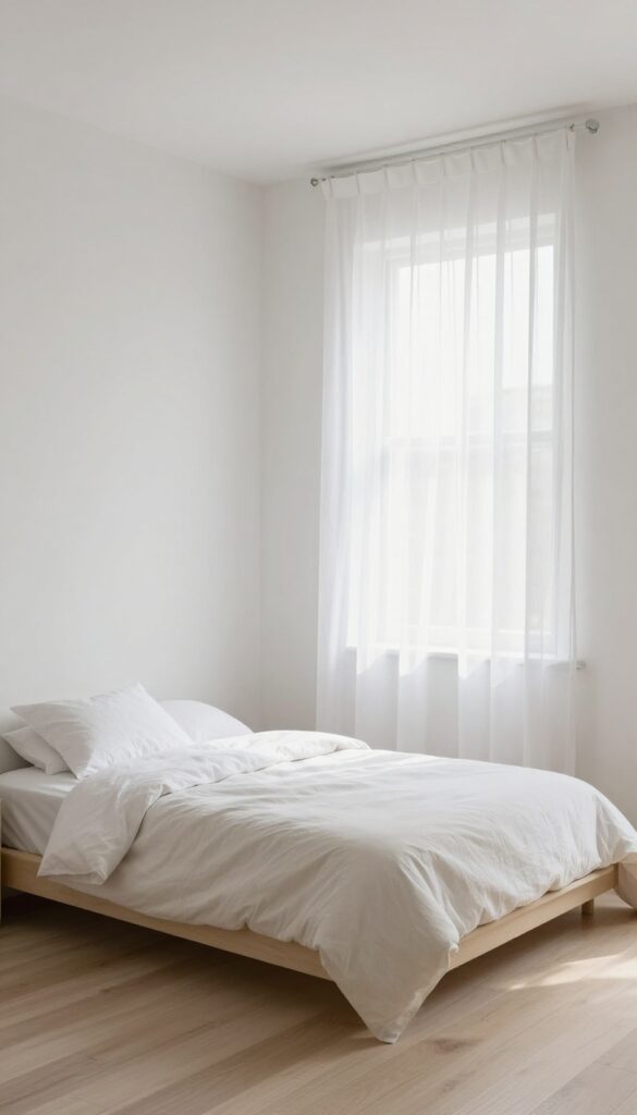 Small bedroom with sheer white curtains filtering soft natural light over layered beige bedding.