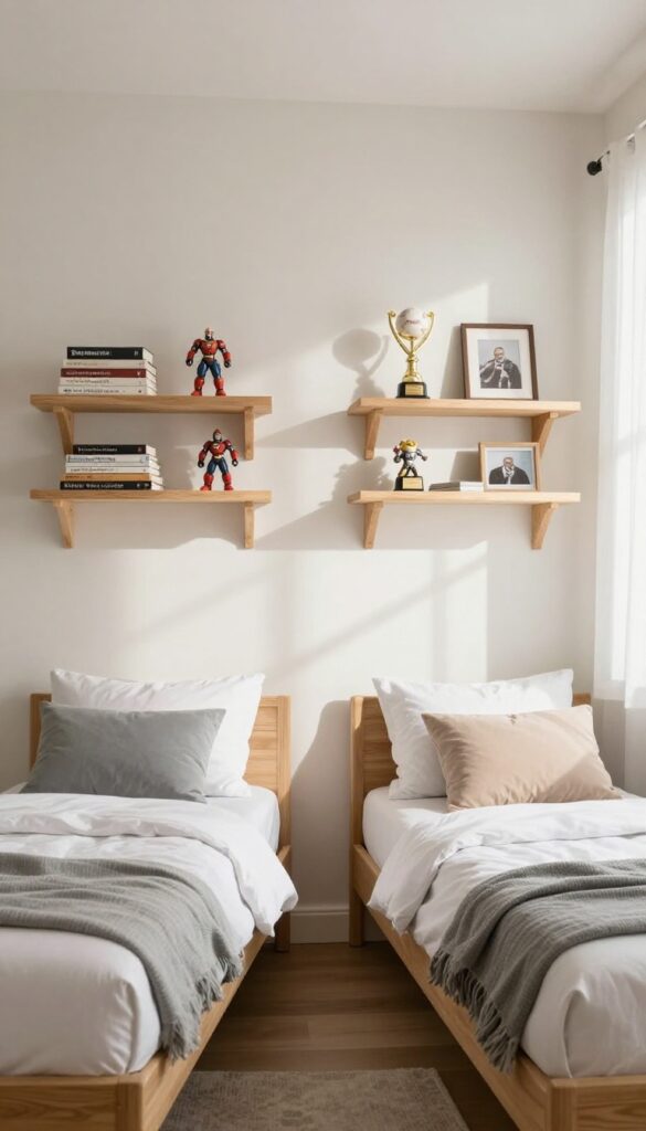 Two wall-mounted shelves above twin beds in a shared boys' bedroom, each shelf displaying a child's personal items, with natural light and clean composition.