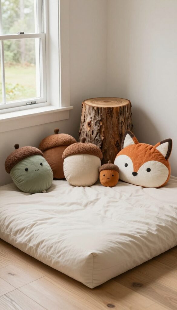 Cozy woodland creature pillow fort reading nook in a child's forest bedroom