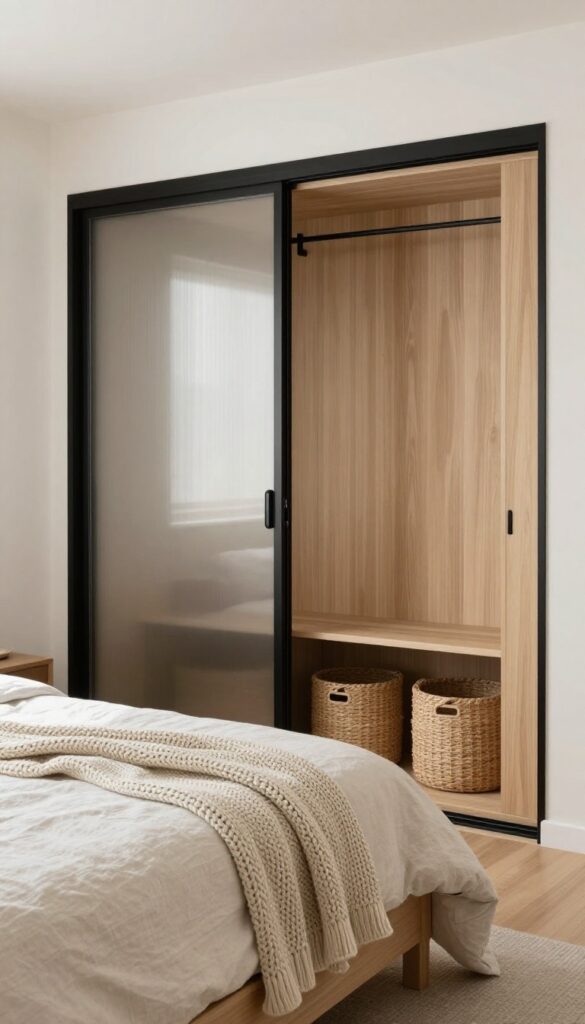 Small bedroom with frosted glass sliding wardrobe doors, soft light, minimalist Scandinavian style, linen bedding and knit throw.