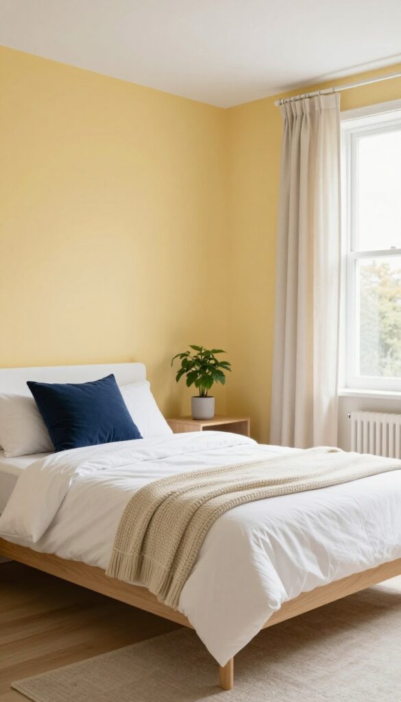 Boys bedroom with buttery yellow walls, white trim, light wood furniture, and navy accents