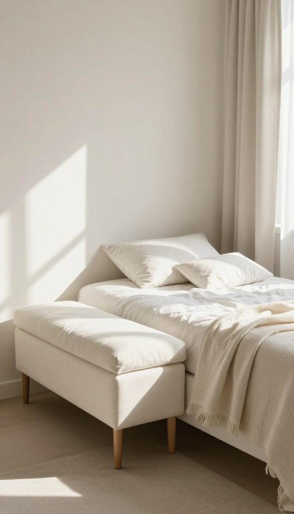 Small bedroom with a bench at the foot of the bed, styled with a throw blanket, natural light, and clean minimal decor.