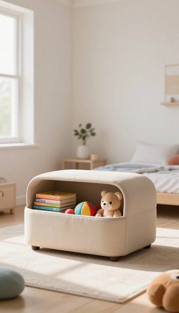 A cozy kids' bedroom featuring a multi-functional storage ottoman with toys and books inside, bathed in natural light.