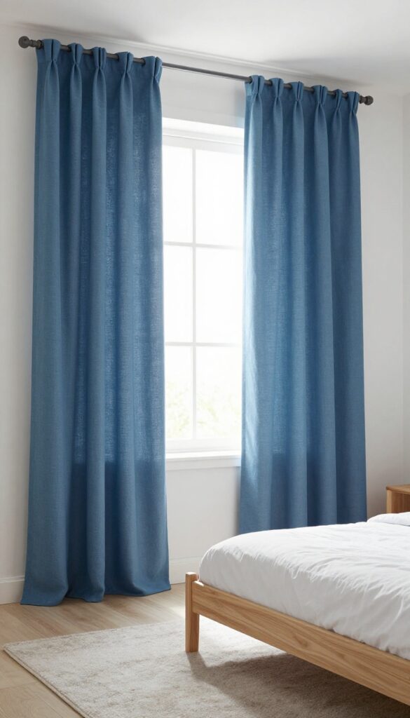 Modern kids bedroom with dusty blue blackout curtains, natural light, clean and cozy interior design.