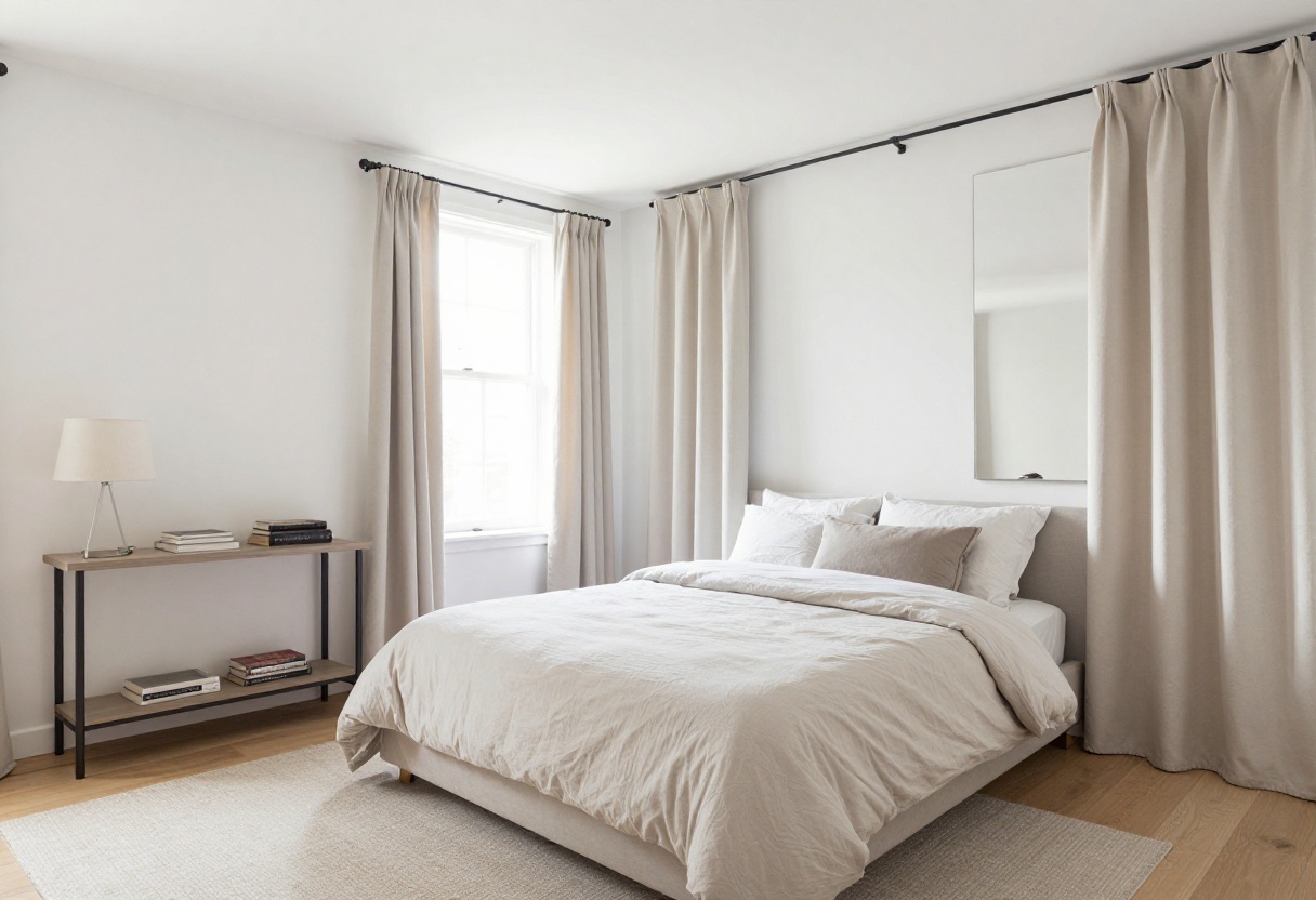 Small bedroom with centered low bed, slim console, high curtains, and mirror on closet door, bright and airy.