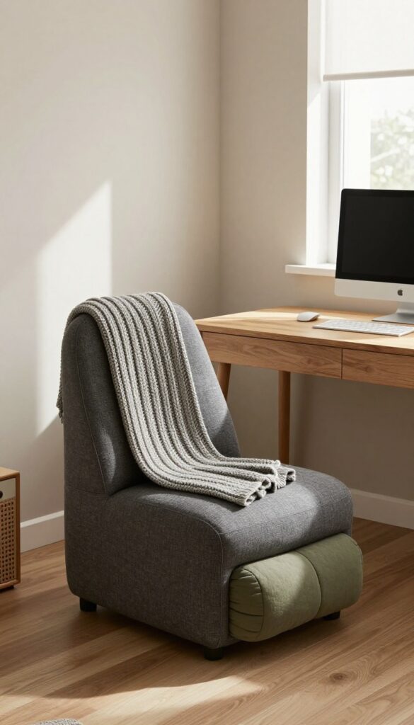 A fabric gaming chair in charcoal with a knit throw and lumbar pillow in a child's bedroom, blending seamlessly with the decor.