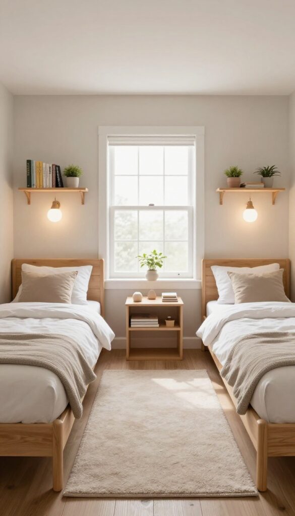 Twin beds with shared headboard wall in a small, bright children's bedroom