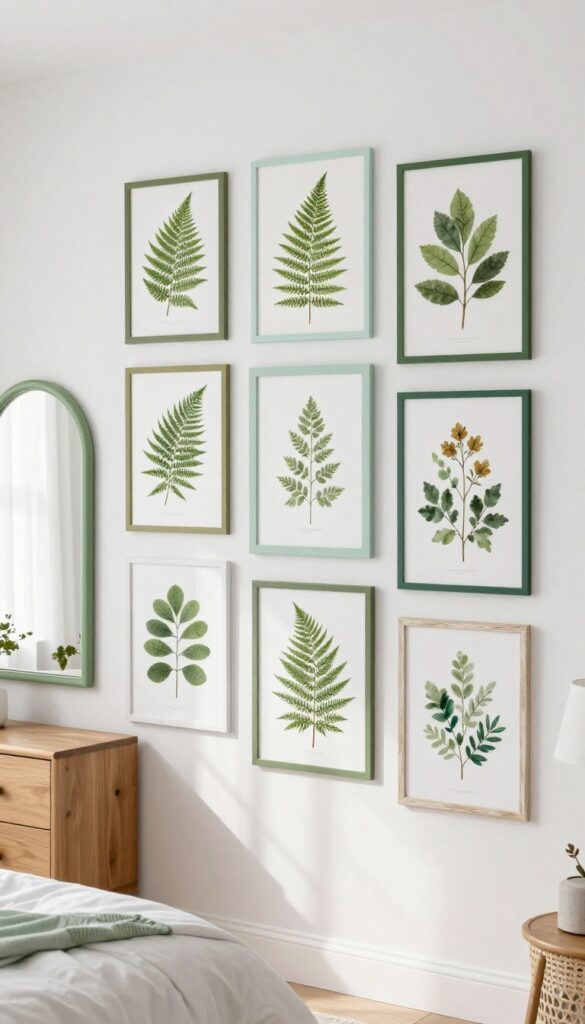 Gallery wall of botanical art in green frames in a bright girls bedroom