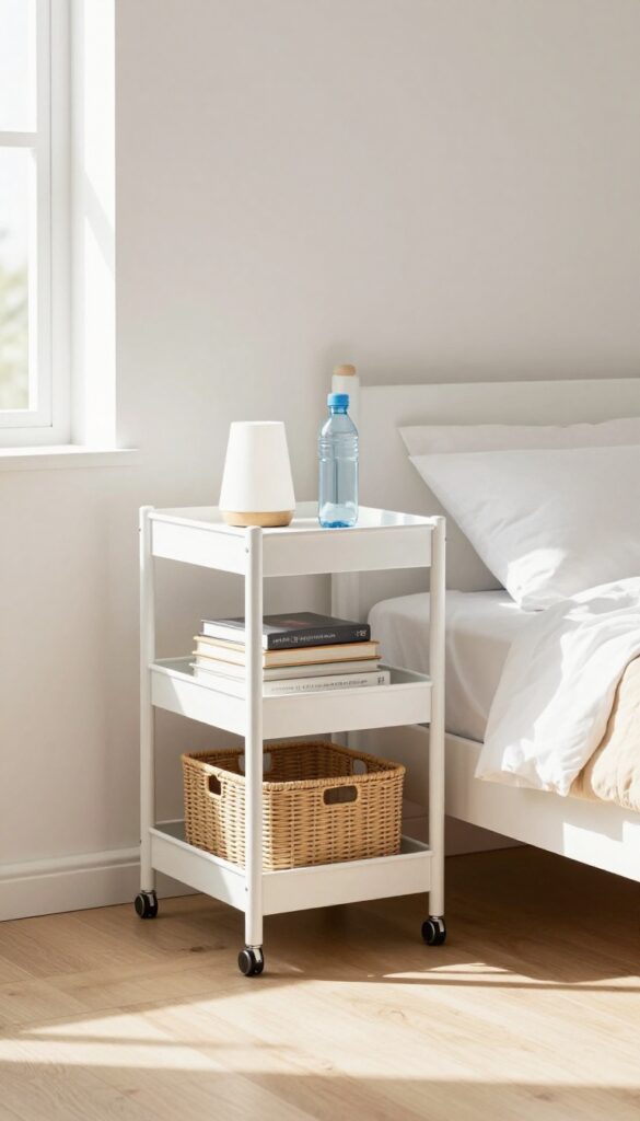 Kids bedroom with a white rolling cart used as a mobile nightstand, featuring a lamp, books, and a basket, in natural light.