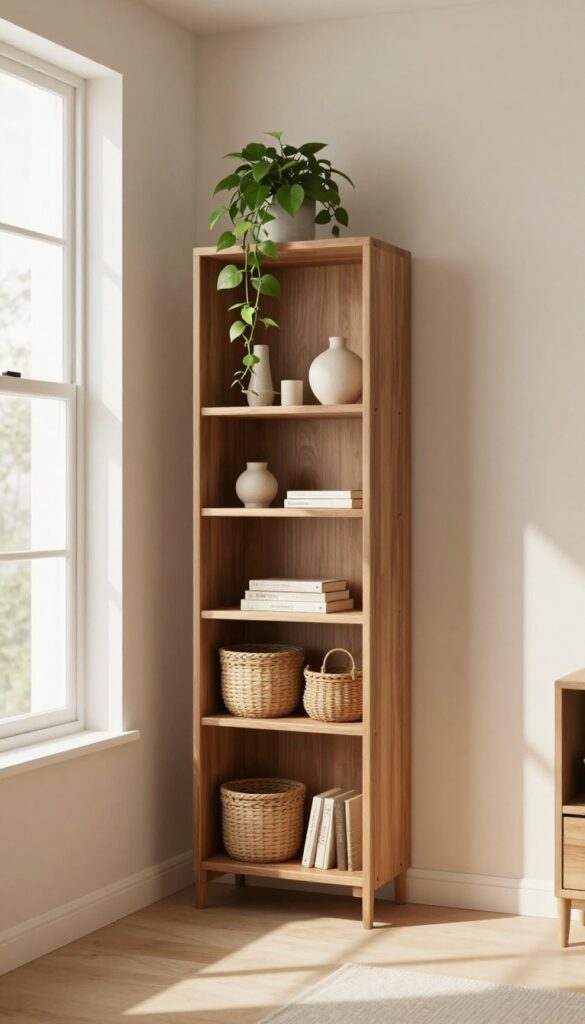 Slim tall cabinet on narrow wall between window and doorway in bright living room with warm wood, plant, and natural light