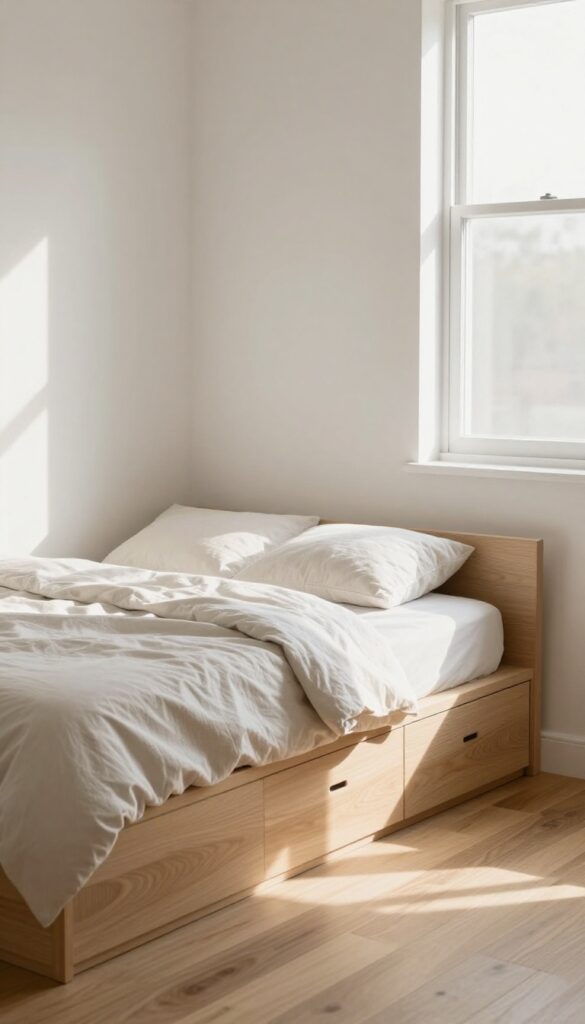 Small bedroom with a light wood platform bed that has built-in storage drawers underneath, uncluttered floor space, neutral bedding, and natural light.