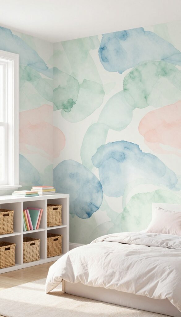 Kids bedroom with abstract watercolor wallpaper and corner shelf unit