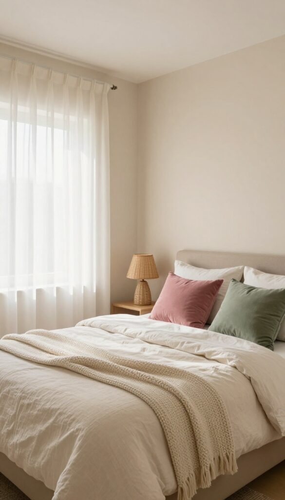 Cozy small bedroom with warm neutral color palette, beige walls, linen bedding, and natural texture accents.