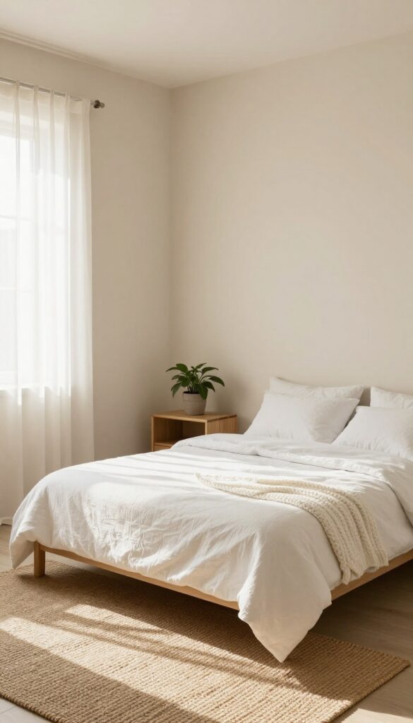 Small bedroom with light neutral walls, natural light, cozy bedding, and minimalist decor