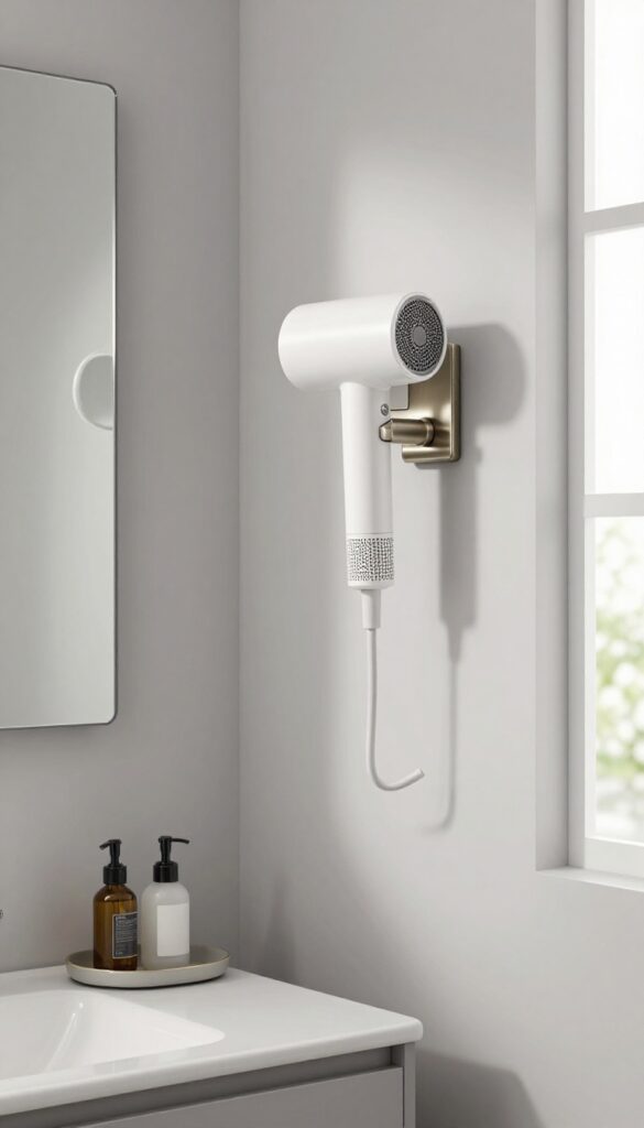 Wall-mounted hair dryer holder in a clean, bright guest bathroom with a mirror and clutter-free countertop.