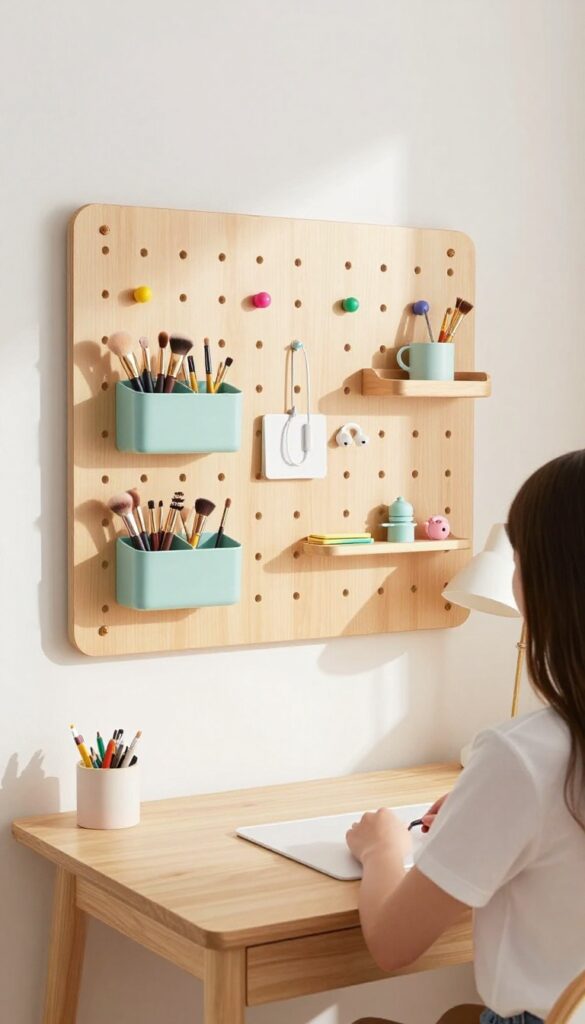 Teenage girl's bedroom with wall-mounted desk and pegboard storage