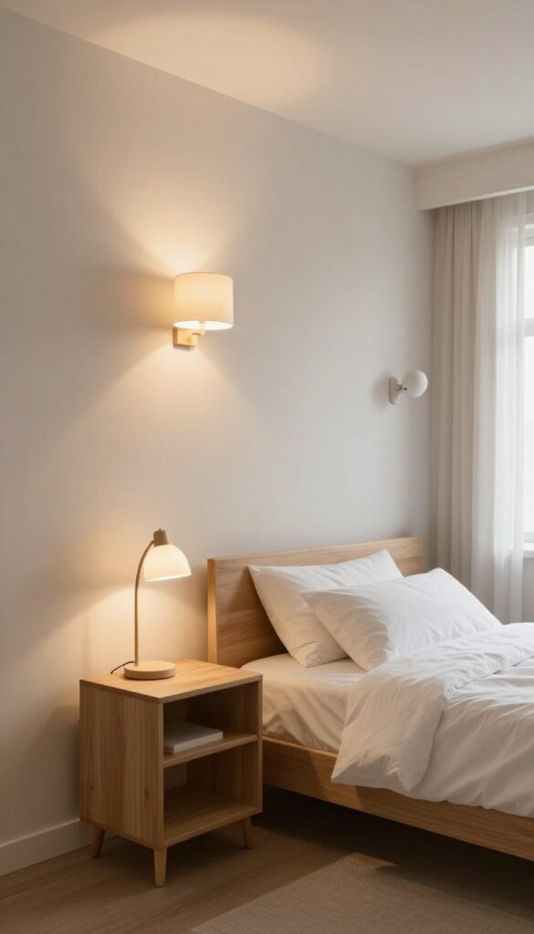 Small bedroom with layered lighting including ceiling light, desk lamp, and wall sconces, creating a warm and spacious feel.