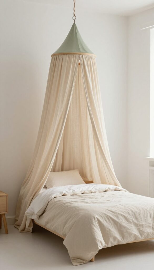 Child's bed with a muslin canopy in earth tones, soft natural light, cozy and airy bedroom