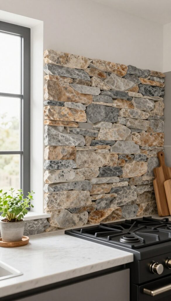 Stacked stone veneer backsplash behind a gas range in a modern rustic kitchen with natural light.