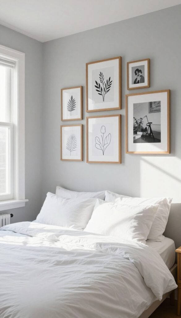 Cozy grey and white bedroom with a gallery wall of personal black-and-white photos and line art in warm wood frames